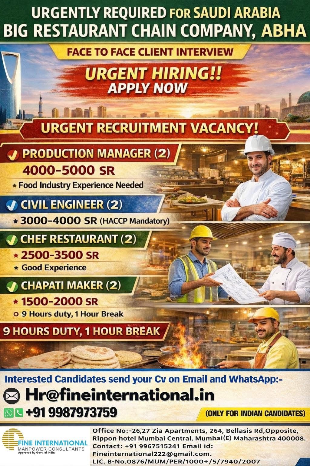 URGENTLY REQUIRED FOR SAUDI ARABIA BIG COMPANY , ABHA  FACE TO FACE CLIENT INTERVIEW
