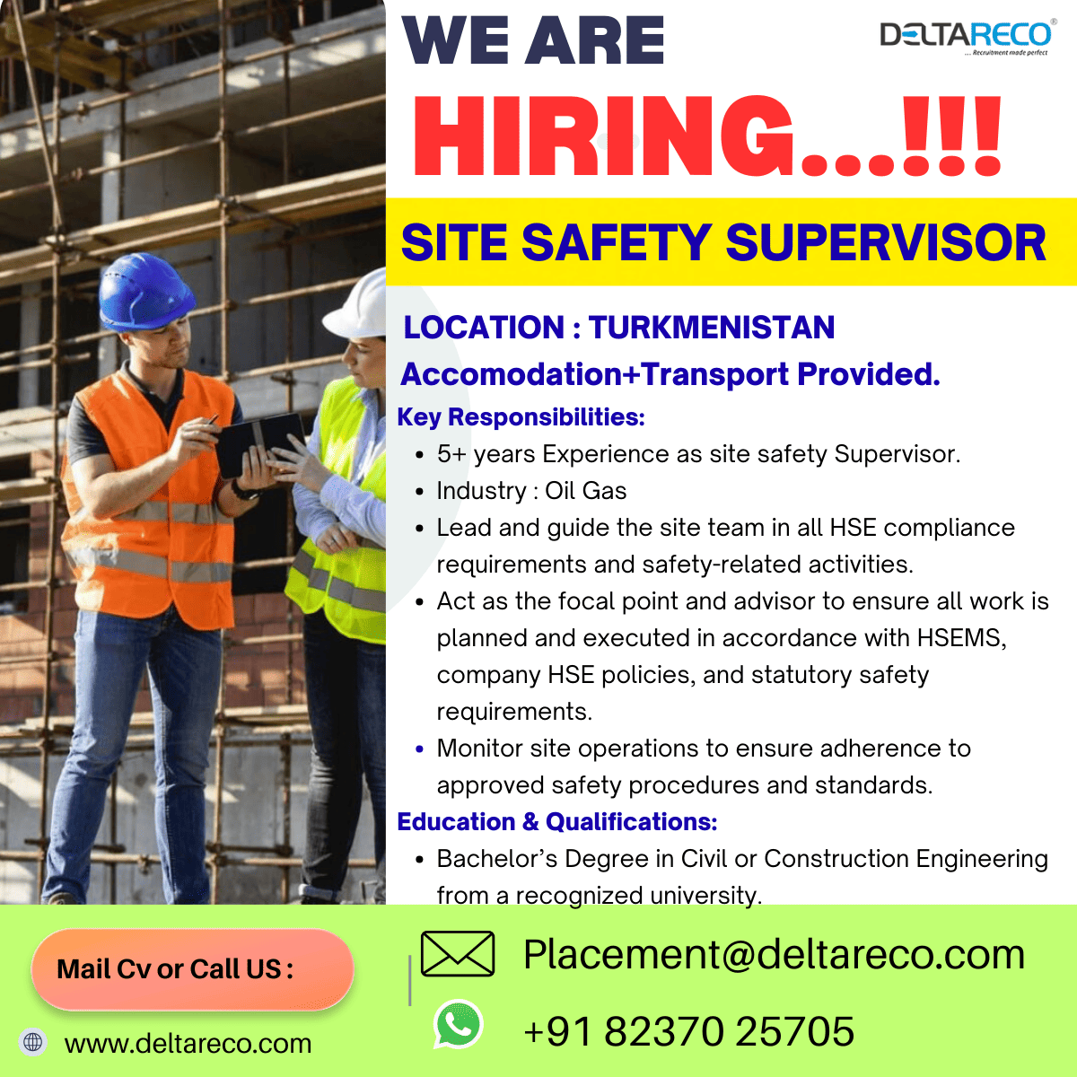 Hiring Safety Supervisor for Turkmenistan