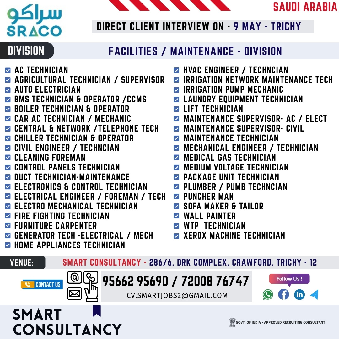 WANTED FOR A LEADING MAINTENANCE COMPANY - SAUDI ARABIA / DIRECT CLIENT INTERVIEW ON 9 MAY - TRICHY