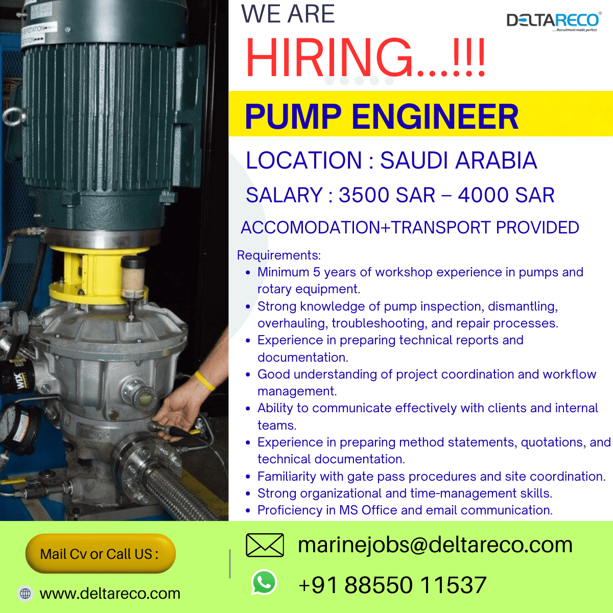 Hiring Pump Engineer for Saudi Arabia
