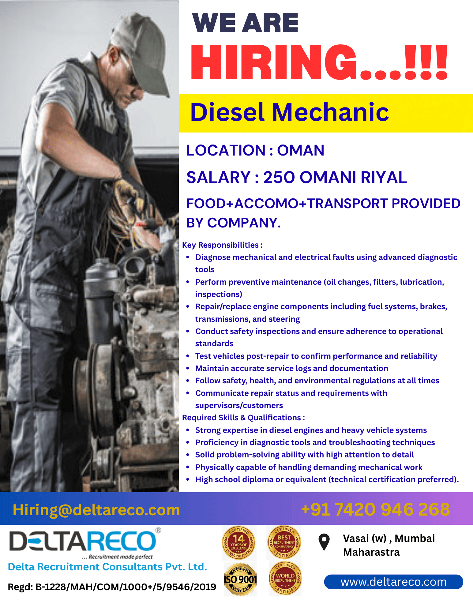 Hiring  Diesel Mechanic for Oman 