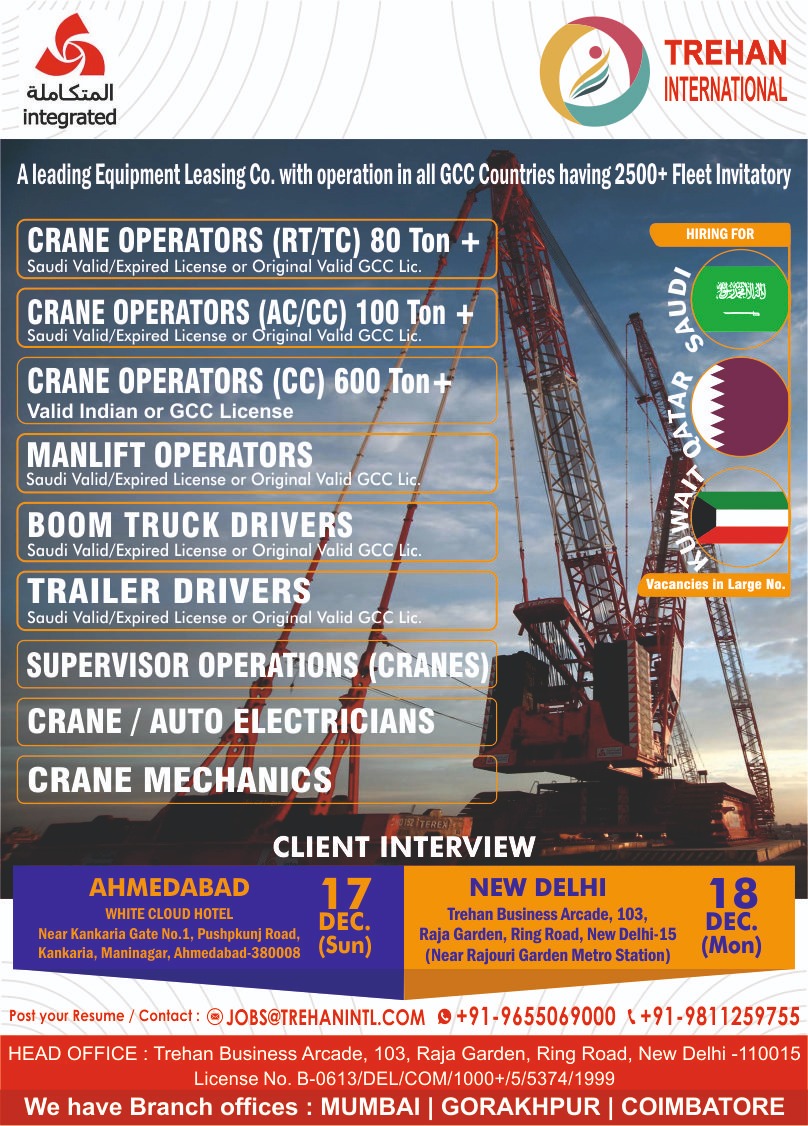Urgent Requirement for Crane Operator, Manlift Operator, Trailer Driver, Boom Truck Operator