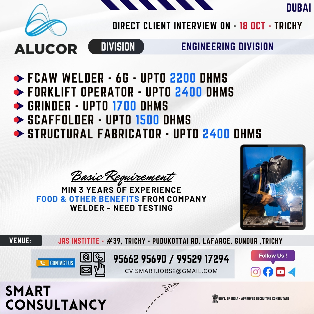 WANTED FOR A LEADING ENGINEERING COMPANY (DUBAI) - DIRECT CLIENT INTERVIEW ON 18 OCTOBER - TRICHY