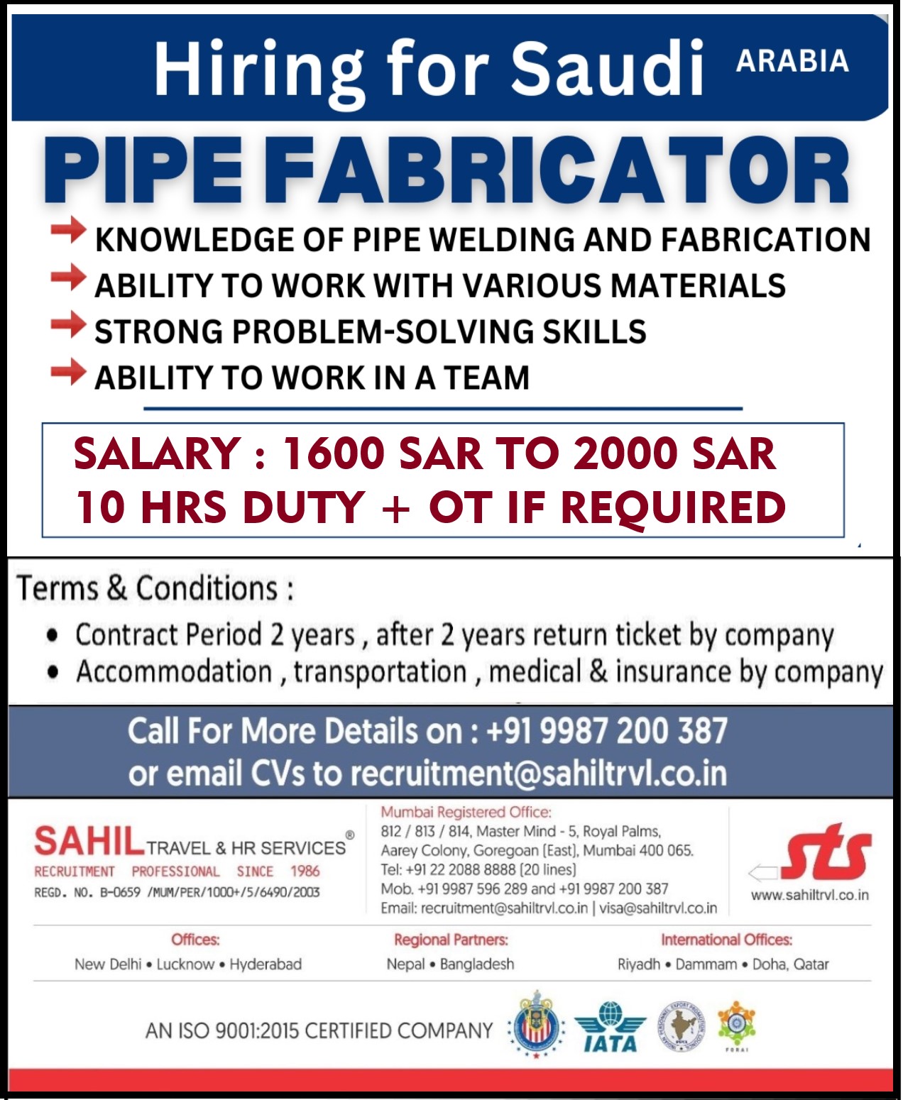 Urgently required for reputed company in dammam, saudi arabia