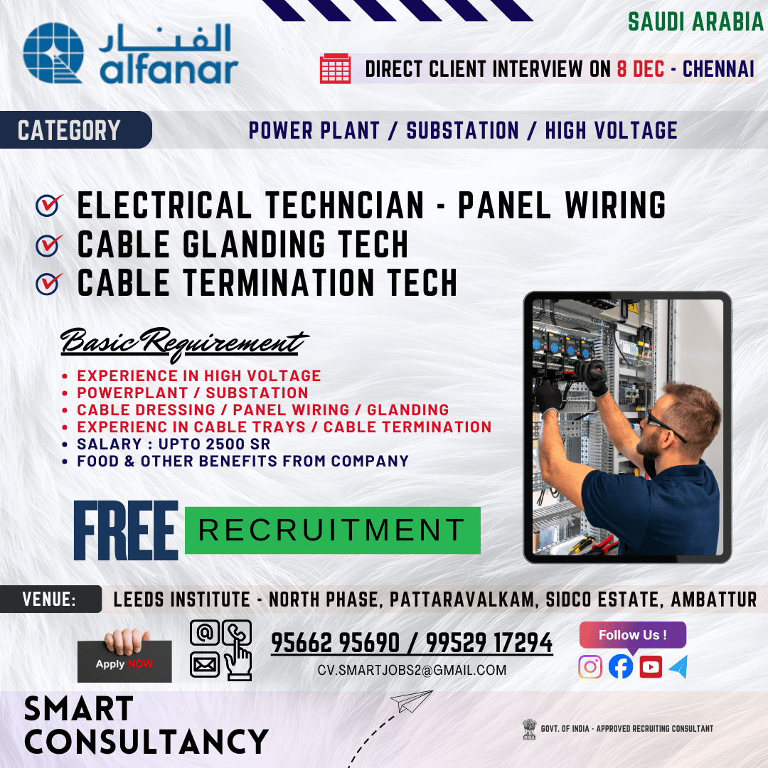 WANTED FOR A LEADING POWERPLANT / SUBSTATION (SAUDI) - DIRECT CLIENT INTERVIEW ON 8th DECEMBER 