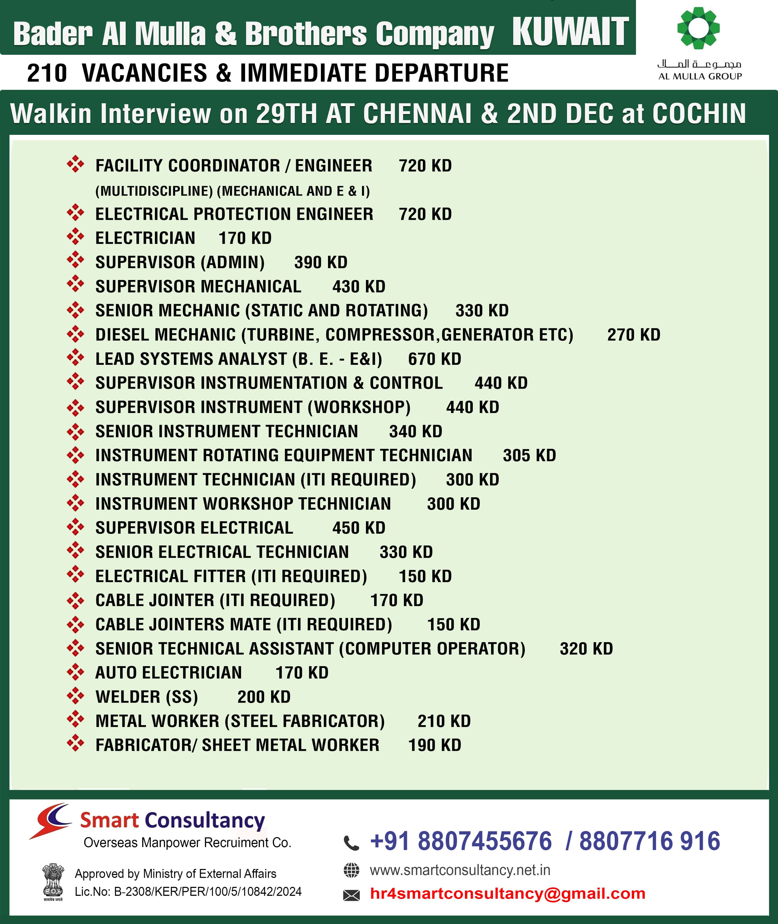 Bader Al Mulla & Brothers Company KUWAIT Walkin Interview on 29TH AT CHENNAI & 2ND DEC at COCHIN