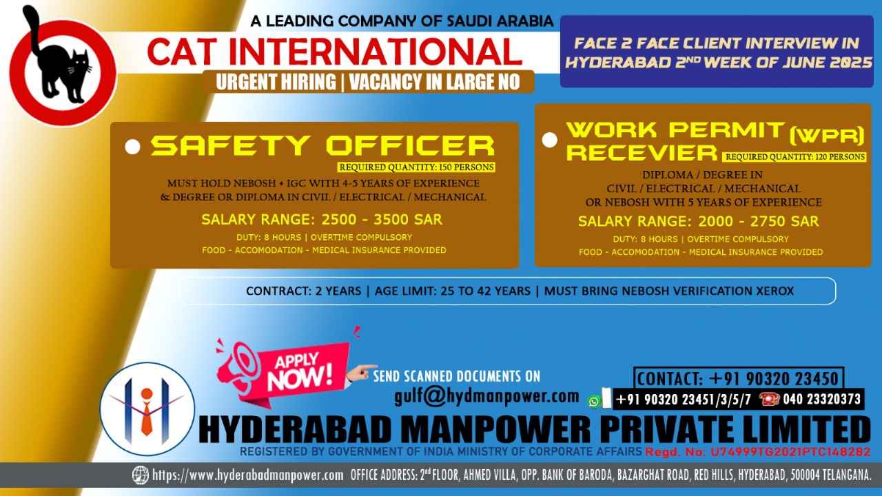 Urgent Hiring for A Reputed CAT INTERNATIONAL Company Saudi Arabia