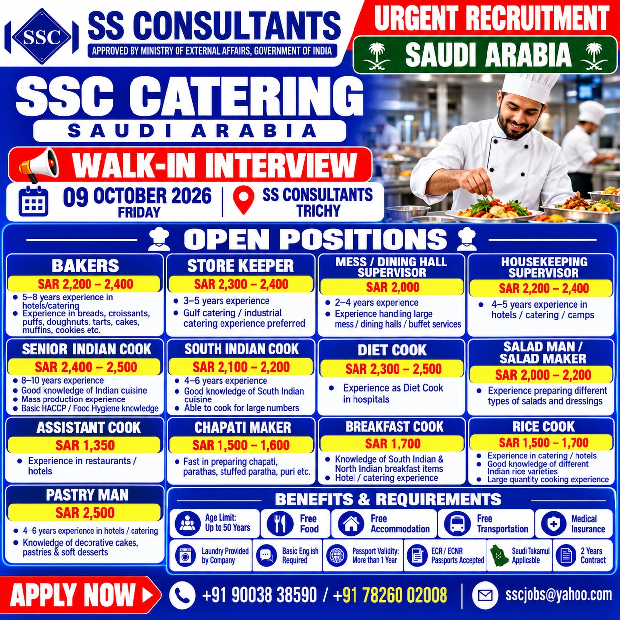 Baker, Storekeeper, Mess/Dining Hall Supervisor, Housekeeping Supervisor, Senior Indian Cook, South Indian Cook, Diet Cook, Salad Man/Salad Maker, Assistant Cook, Chapati Maker, Breakfast Cook, Rice Cook, Pastry Man.