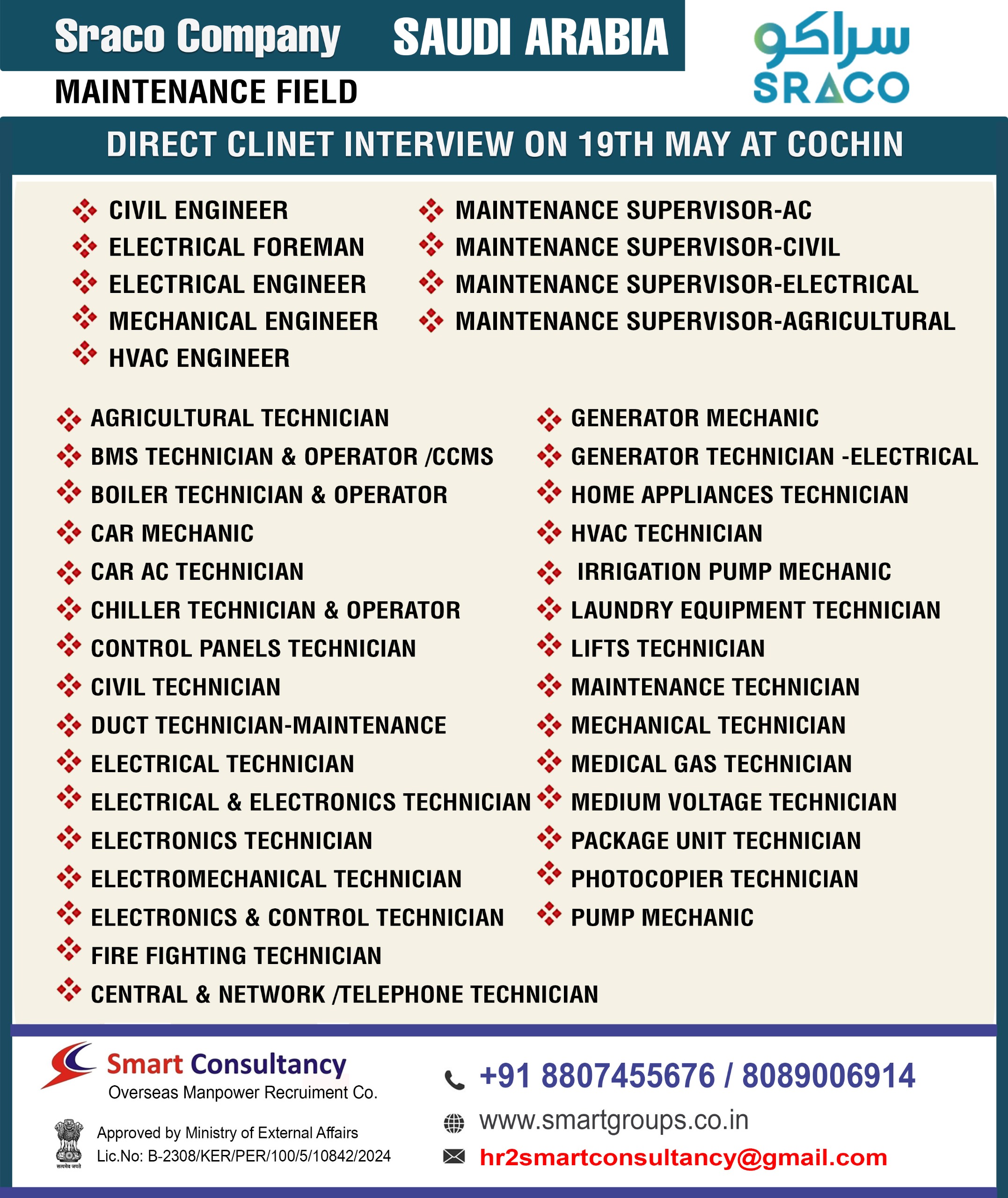 WE ARE HIRING FOR SRACO COMPANY SAUDI ARABIA ,DIRECT CLIENT INTERVIEW ON 19TH MAY AT COCHIN,KERALA.