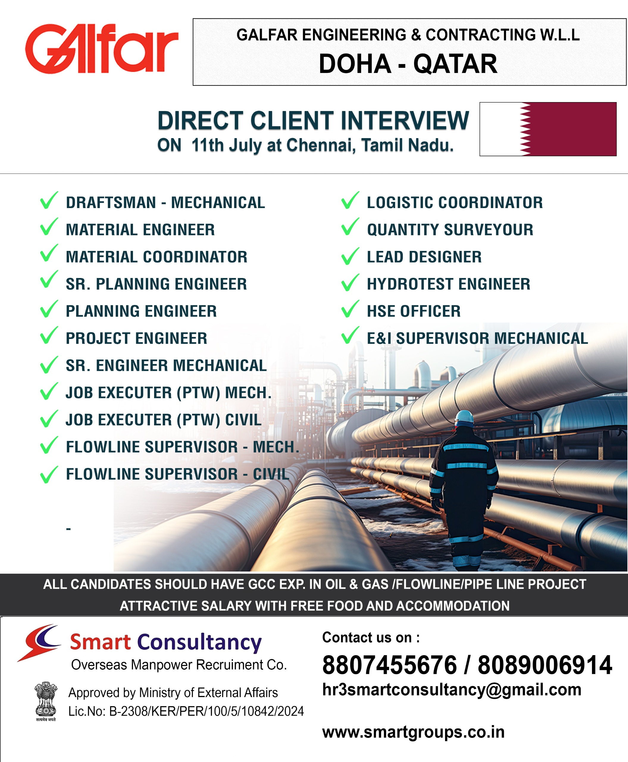 WE ARE HIRING FOR GALFAR ENGINEERING & CONTRACTING W.L.L D DOHA -QATAR ,DIRECT CLIENT INTERVIEW ON 11TH JULY AT CHENNAI TAMIL NADU