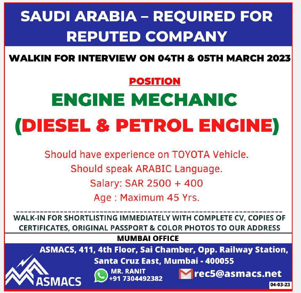 Hiring Diesel & Petrol Mechanic for KSA