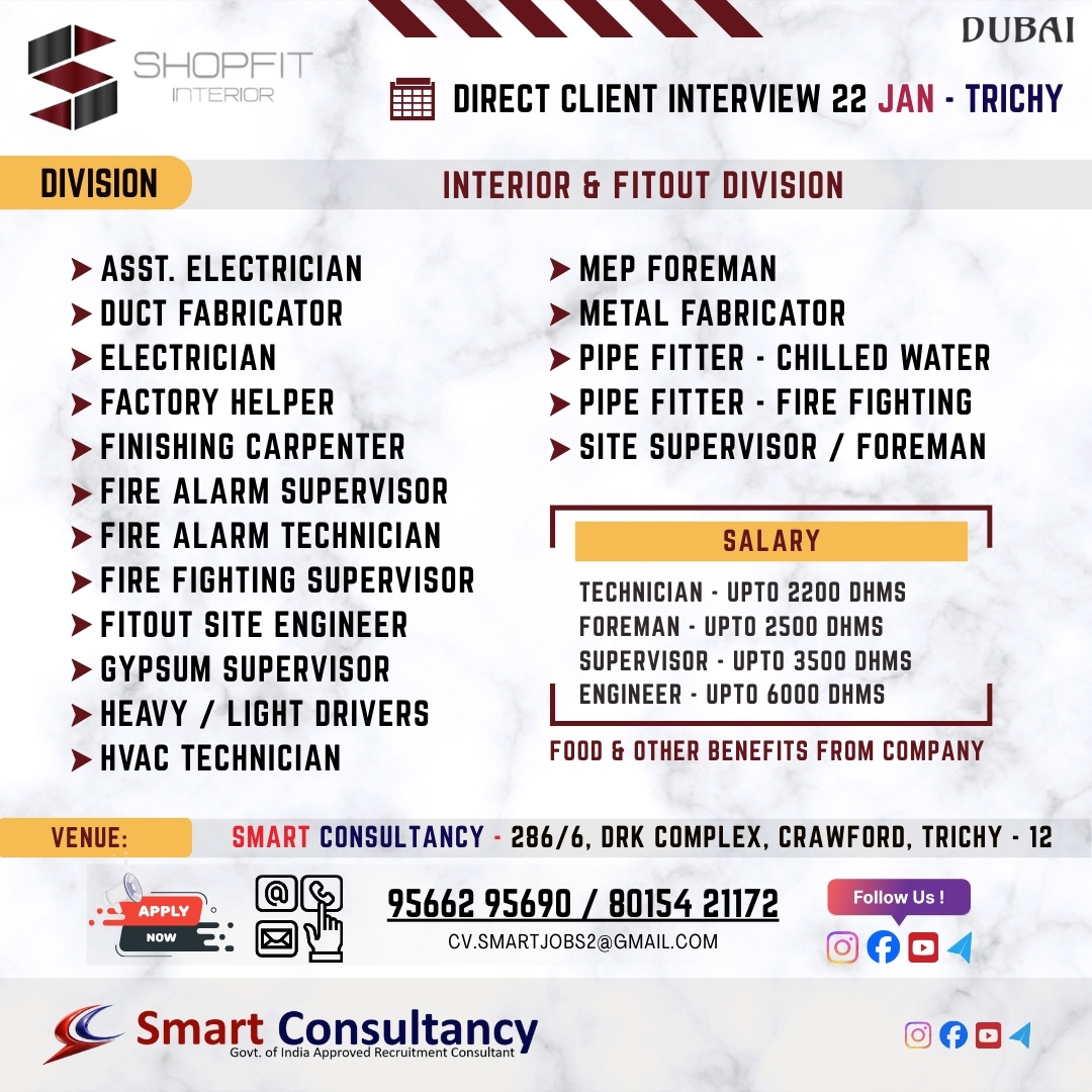 WANTED FOR A LEADING INTERIOR DESIGNING COMPANY (DUBAI) DIRECT CLIENT INTERVIEW ON 22 JAN - TRICHY