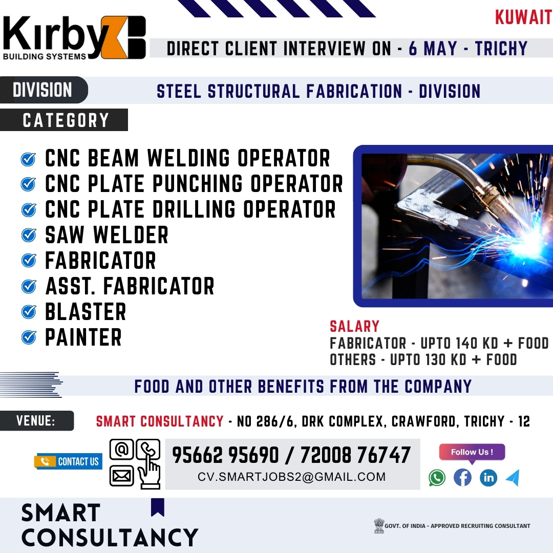 WANTED FOR A LEADING STEEL FABRICATION COMPANY - SAUDI ARABIA / DIRECT CLIENT INTERVIEW ON 6 MAY - TRICHY