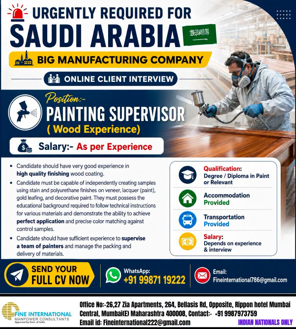URGENT HIRING – SAUDI ARABIA  Painting Supervisor (Wood Finishing Experience) 
