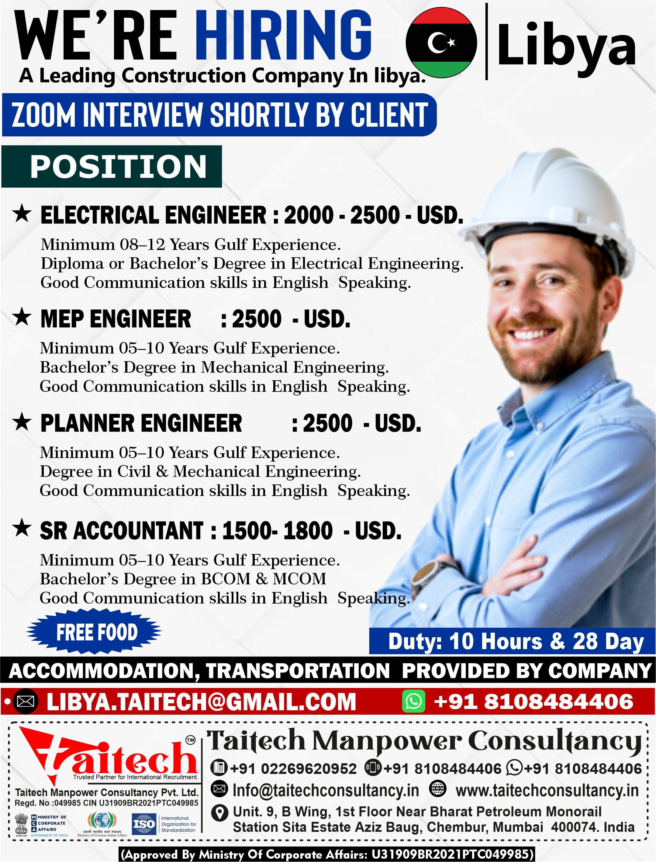 Hiring for Leading Construction Company in Libya – Zoom Interview Shortly