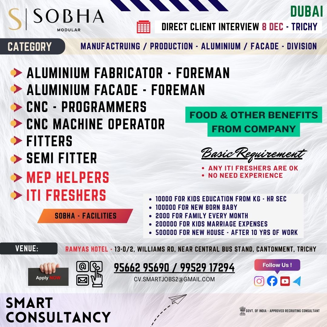 WANTED FOR A LEADING MANUFACTURING COMPANY (DUBAI) - DIRECT CLIENT INTERVIEW ON 8th DECEMBER - TRICHY