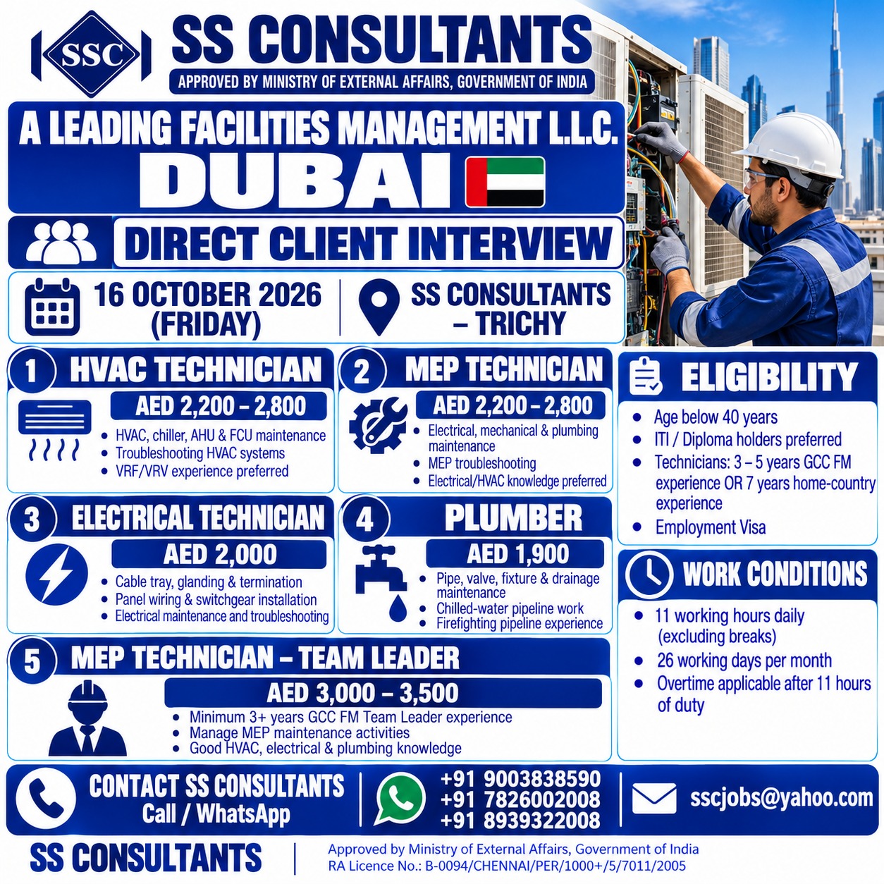 HVAC, MEP, Electrical Technician & Plumber Jobs Dubai 2026