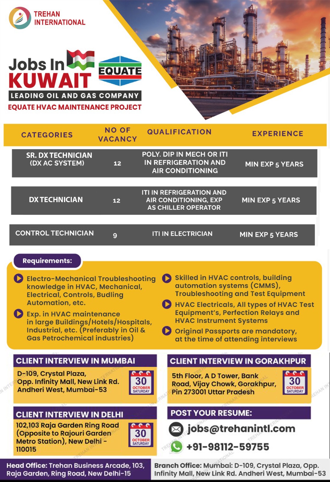 🚨Urgent Hiring for HVAC Technicians and Control Technician in Kuwait🌍