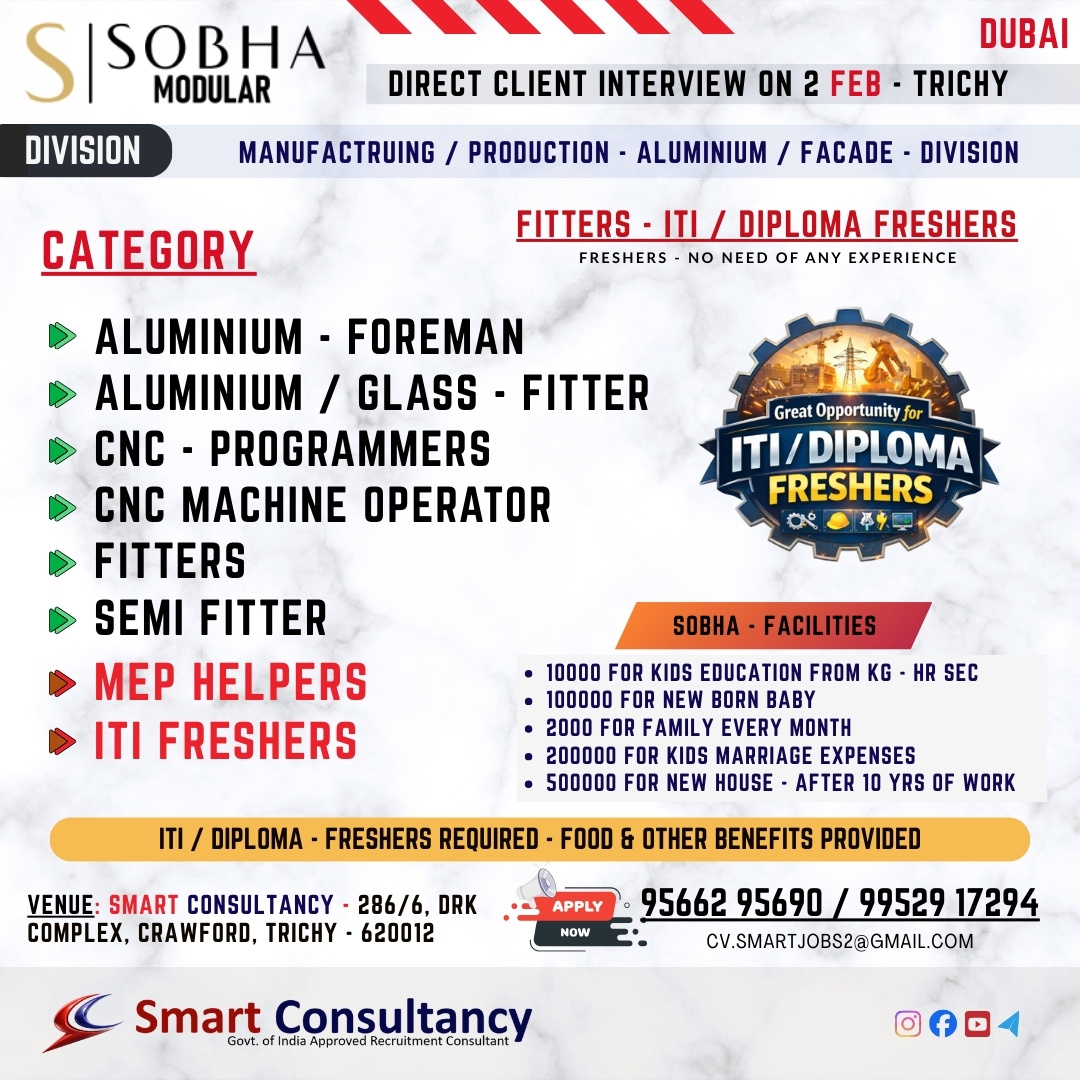 WANTED FOR A LEADING MANUFACTURING COMPANY (DUBAI) DIRECT CLIENT INTERVIEW ON 2 FEB - TRICHY