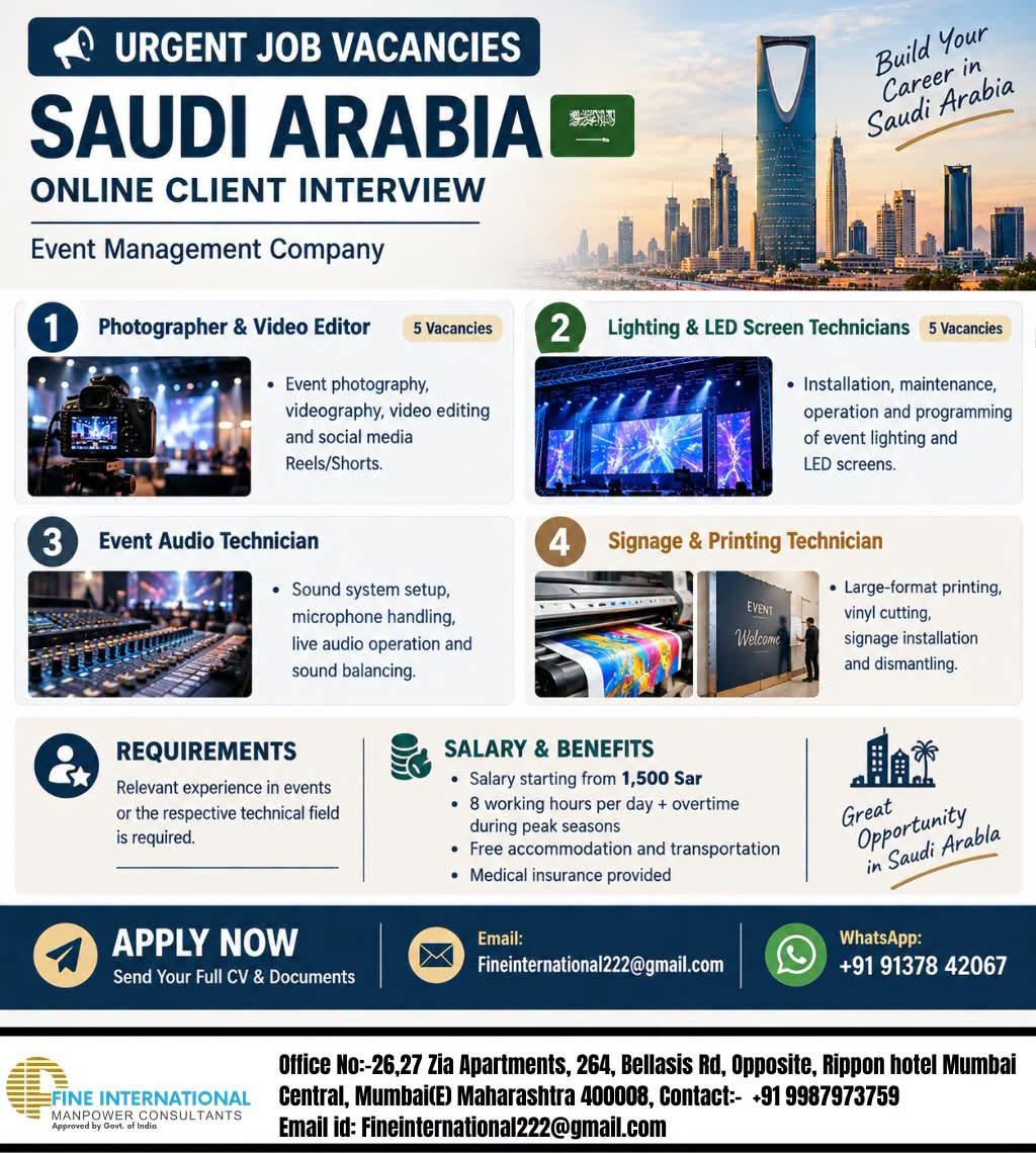  URGENT JOB VACANCIES IN SAUDI ARABIA!  EVENT MANAGEMENT COMPANY – ONLINE CLIENT INTERVIEW 