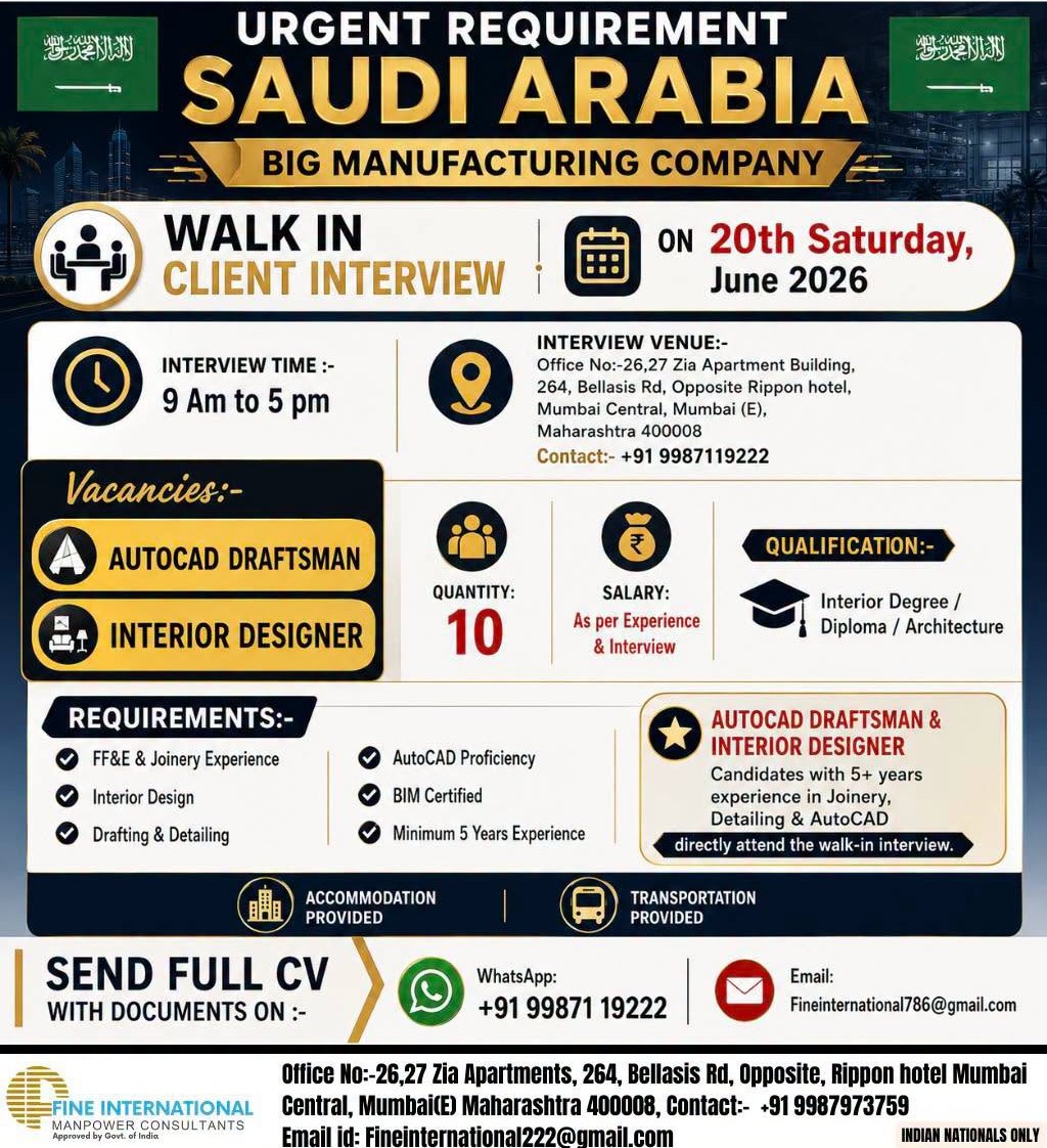 URGENT REQUIREMENT SAUDI ARABIA BIG MANUFACTURING COMPANY WALK IN CLIENT INTERVIEW ON 20th Saturday, June 2026