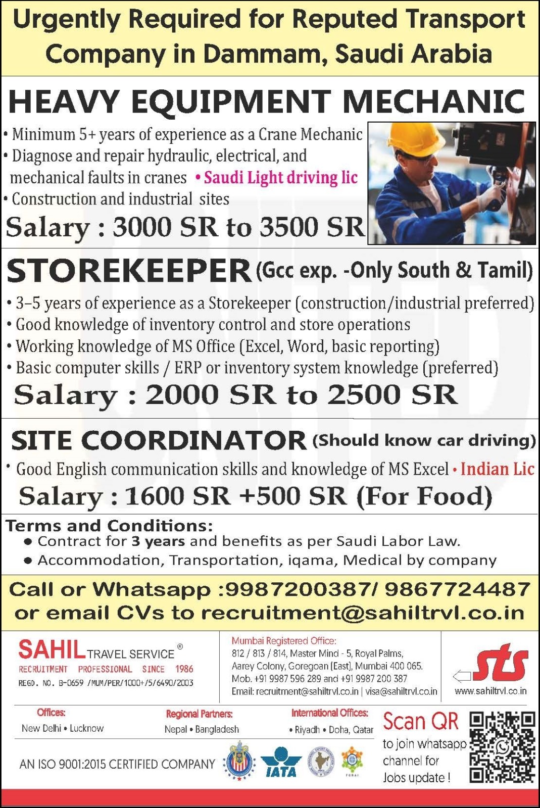 URGENTLY REQUIRED FOR REPUTED TRANSPORT COMPANY IN DAMMAM,SAUDI ARABIA 