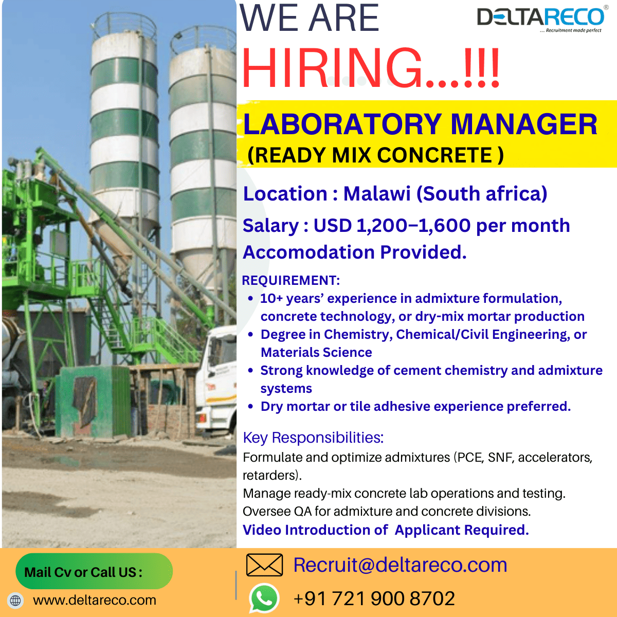 Hiring Laboratory manager ReadyMix Concrete Plant South africa