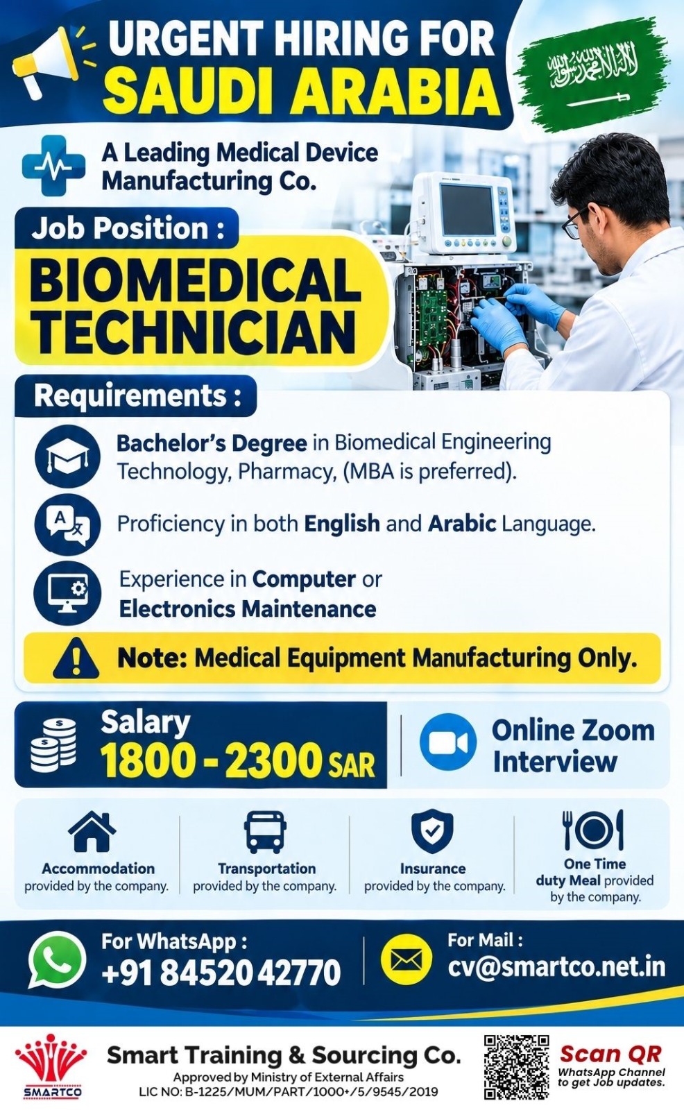 URGENT HIRING FOR SAUDI ARABIA  A Leading Medical Device Manufacturing Co.
