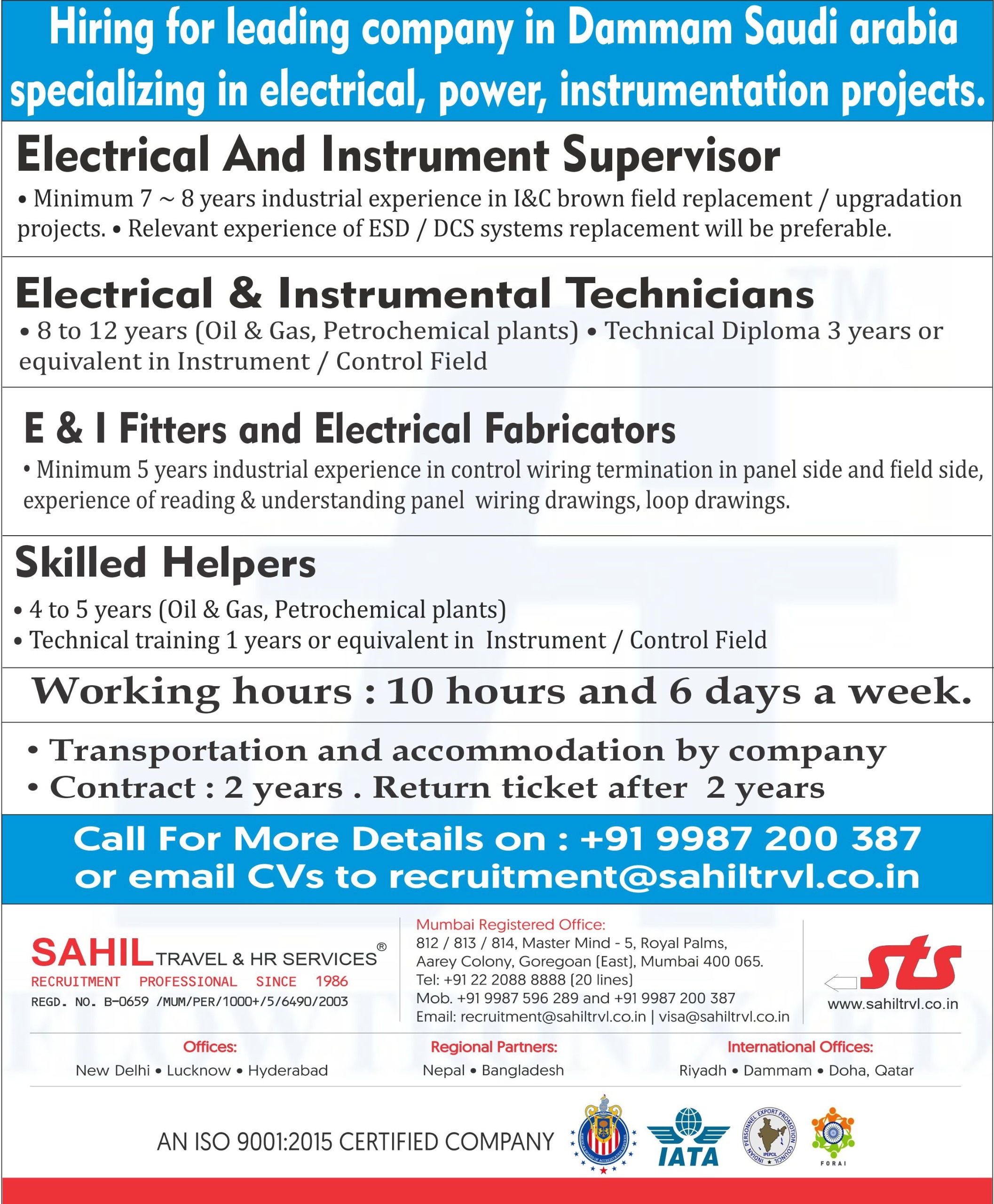 HIRING FOR LEADING COMPANY IN DAMMAM SAUDI ARABIA SPECIALIZING IN ELECTRICAL,POWER,INSTRUMENTATION PROJECTS