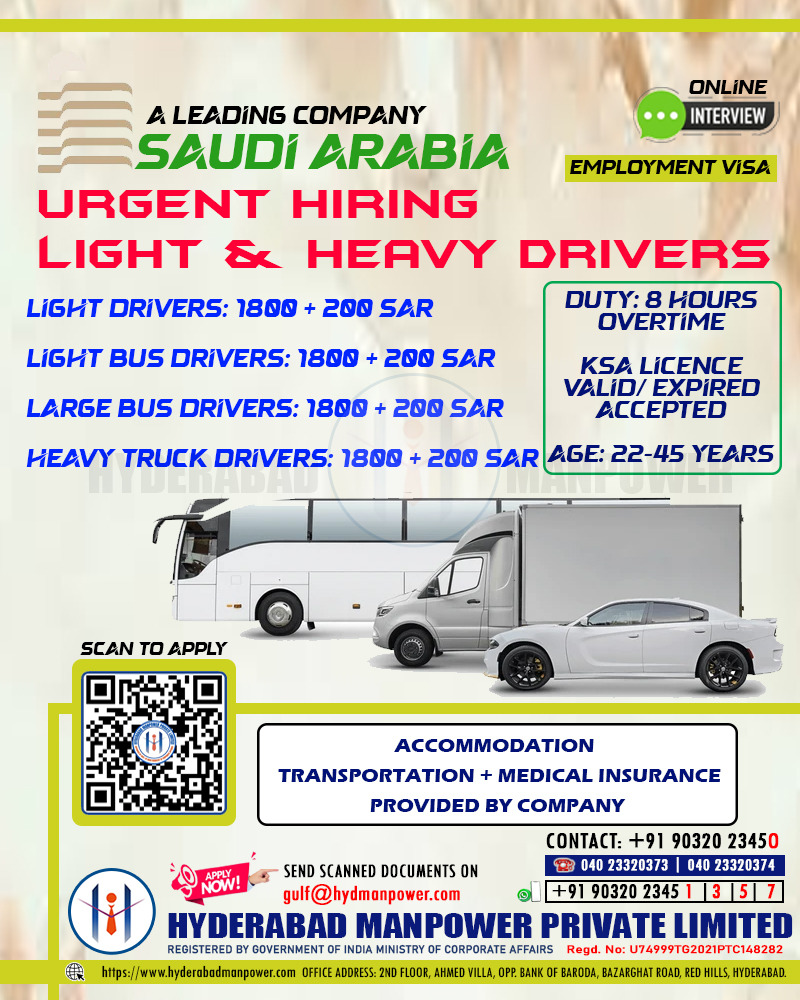 Urgent Hiring Light & Heavy Driver for Saudi Arabia
