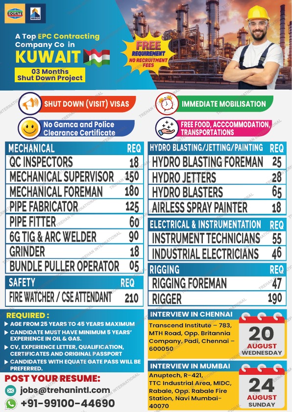 🚨 URGENT HIRING – KUWAIT (3-Month Shutdown Project) 🚨