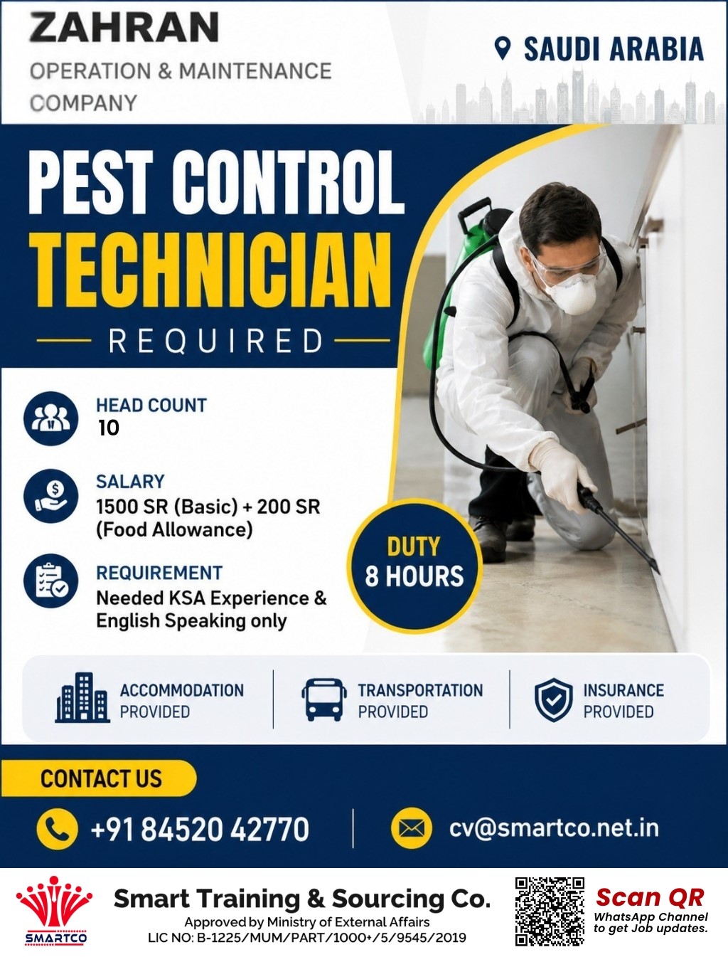 SAUDI ARABIA – PEST CONTROL TECHNICIAN REQUIRED Zahran Operation & Maintenance Company