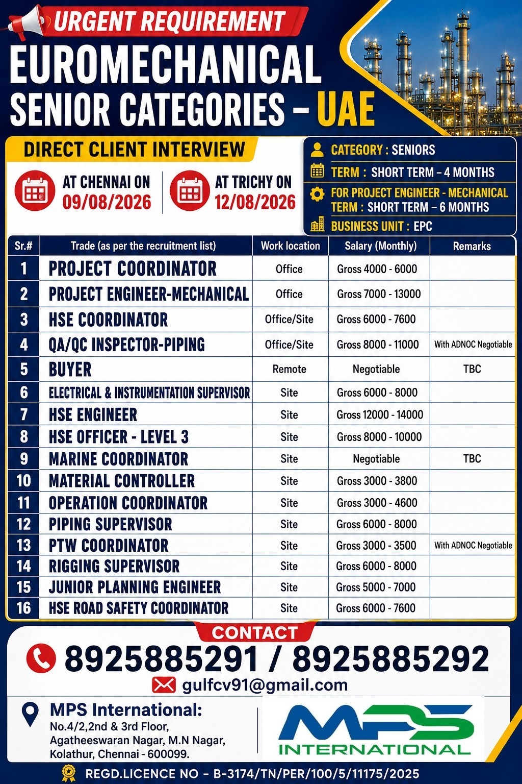 DIRECT CLIENT INTERVIEW At Chennai on: 09/08/2026 At Trichy on: 12/08/2026