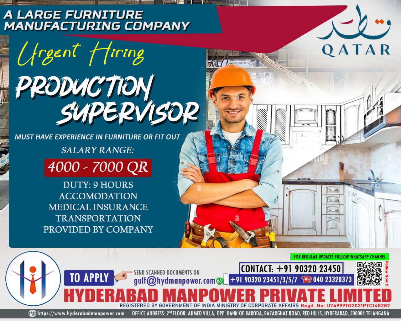 Urhent Hiring for A Large Furniture manufacturing Company of QATAR