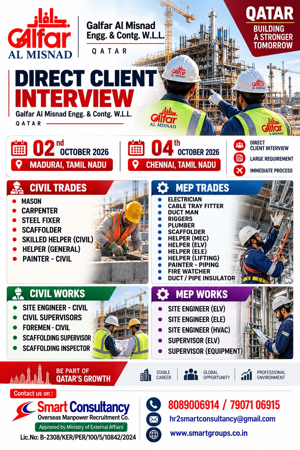 WE ARE HIRING FOR GALFAR AL MISNAD - QATAR, 02ND OCTOBER AT MADURAI AND 04TH OCTOBER AT CHENNAI, TAMIL NADU