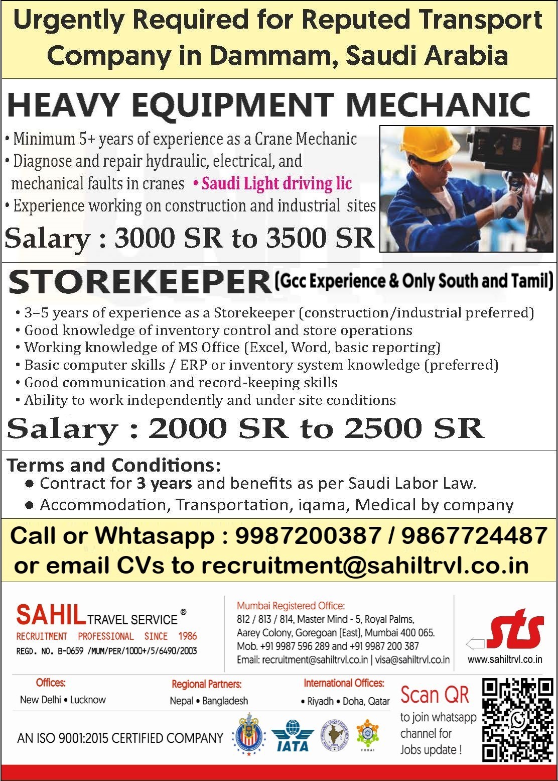 URGENTLY REQUIRED FOR REPUTED TRANSPORT COMPANY IN DAMMAM ,SAUDI ARABIA 