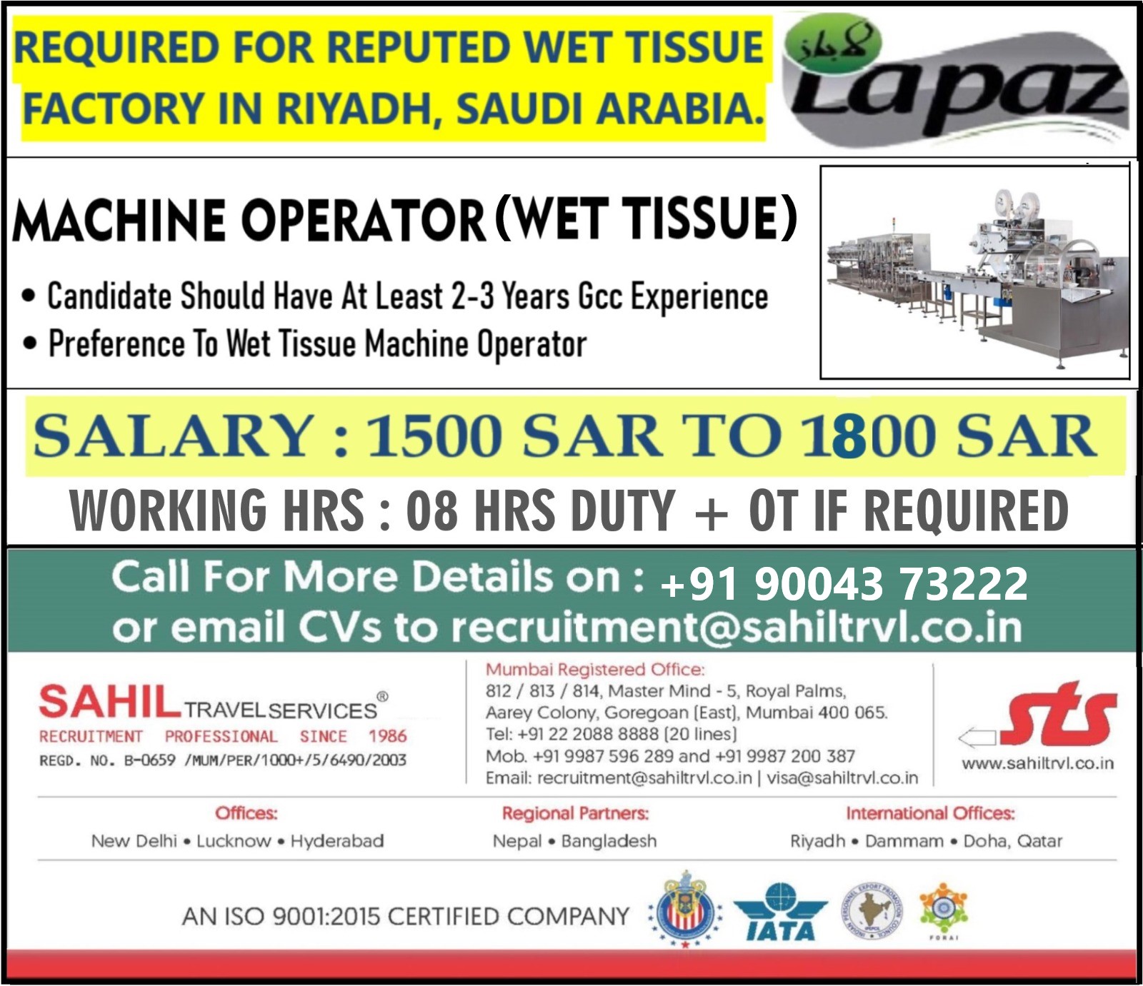 URGENTLY REQUIRED FOR REPUTED WET TISSUE FACTORY IN RIYADH, SAUDI ARABIA.