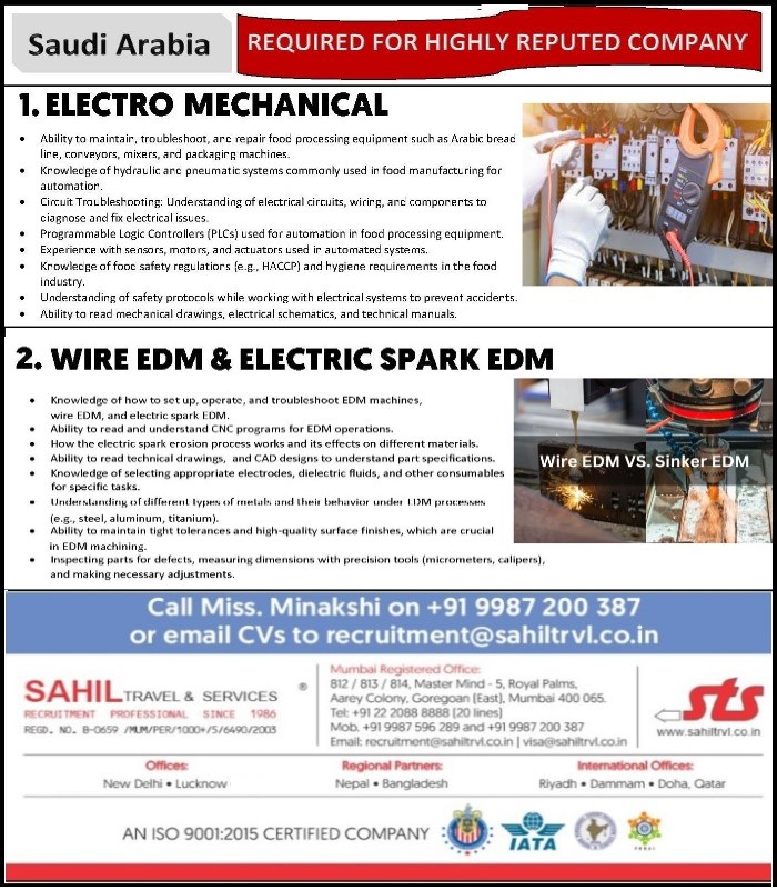 Urgently Required for Electrical company in Riyadh, Saudi Arabia.