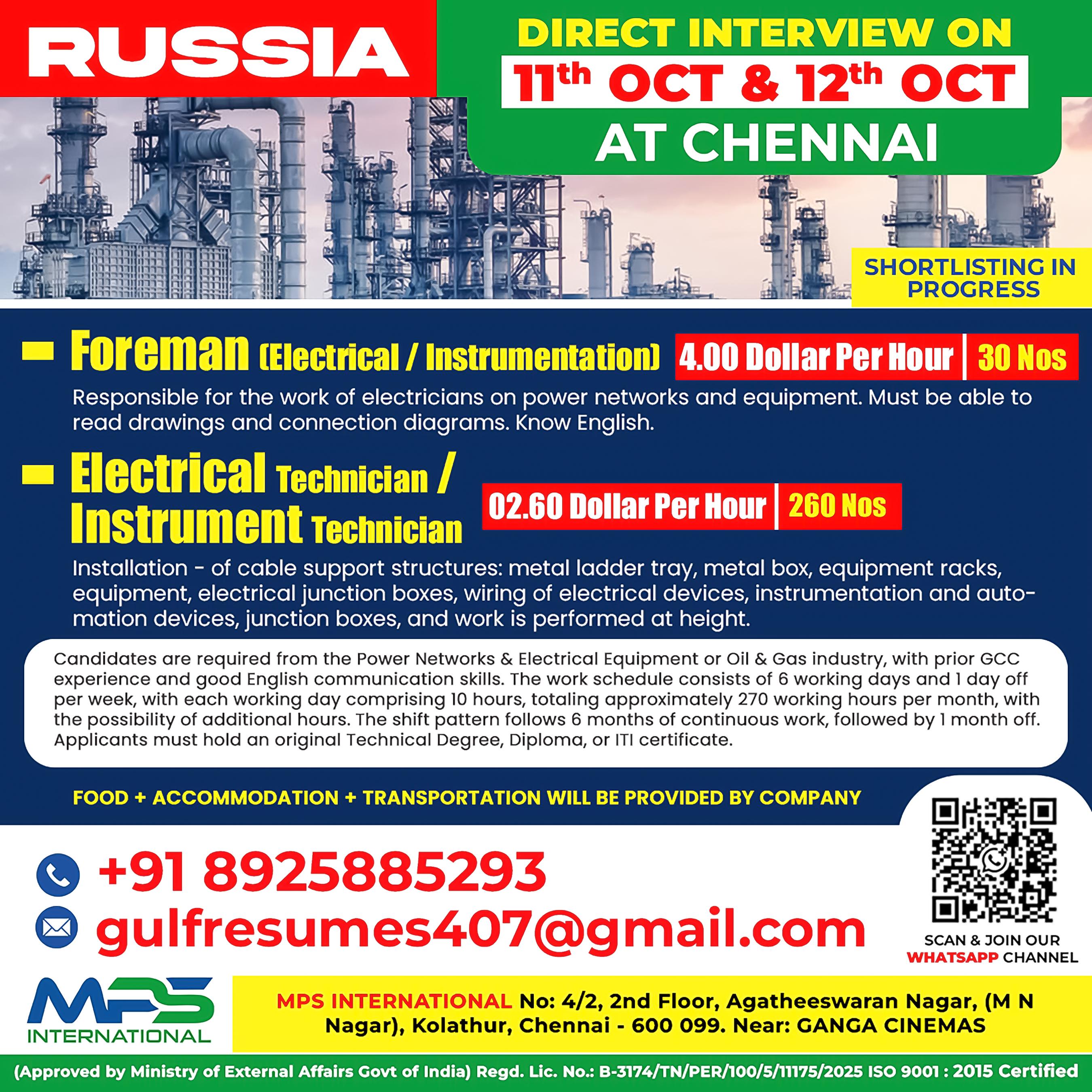 HIRING FOR RUSSIA DIRECT CLIENT INTERVIEW ON 11.10.2025 & 12.10.2025 AT CHENNAI