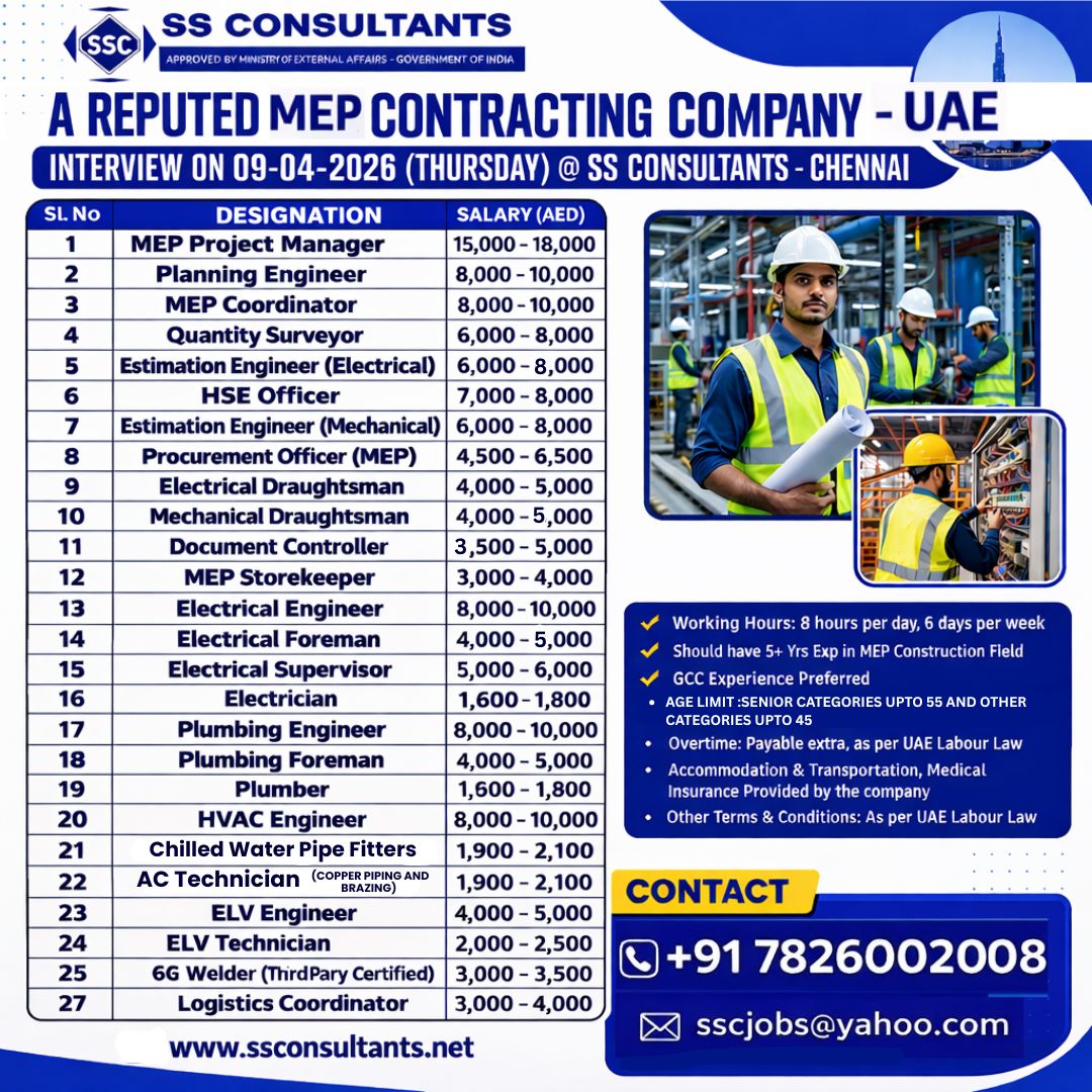 Urgent UAE MEP Construction Jobs | Direct Client Interview – Chennai