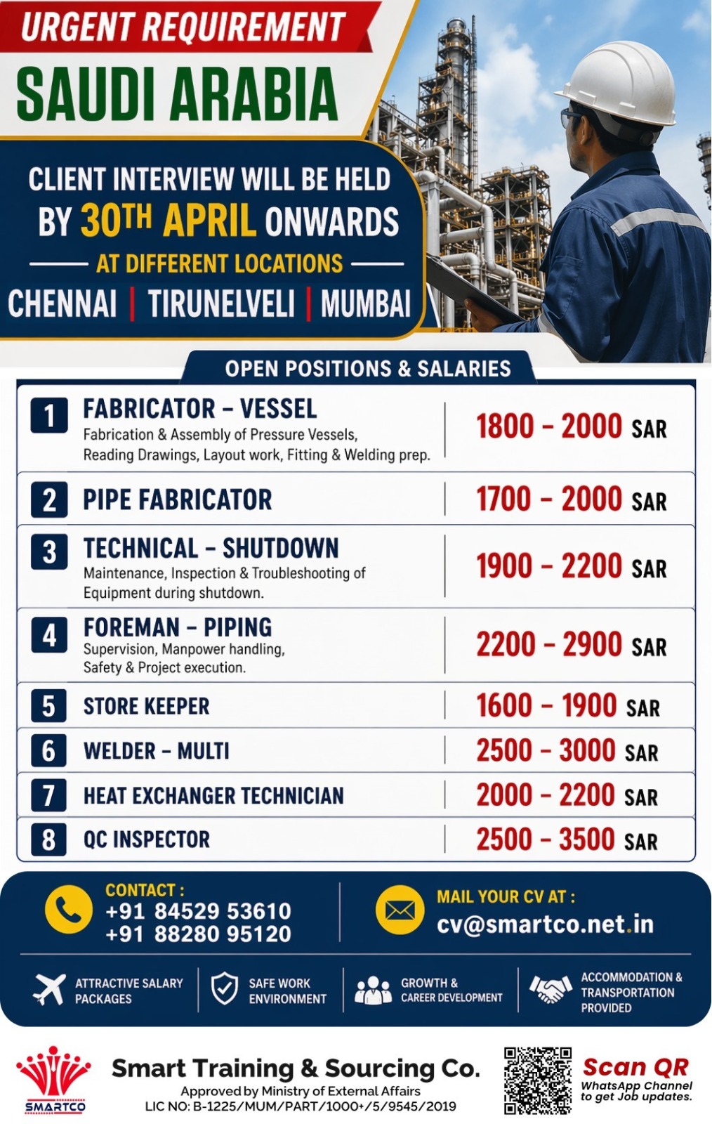URGENT REQUIREMENT SAUDI ARABIA CLIENT INTERVIEW WILL BE HELD BY 30TH APRIL ONWARDS