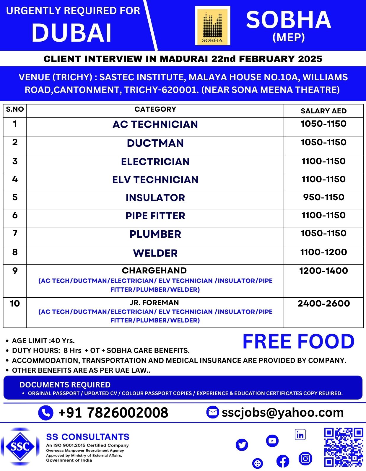 "Urgently Required MEP Jobs in Dubai with Sobha - Client Interview in Madurai on 22nd Feb 2025 | Free Accommodation & Benefits"