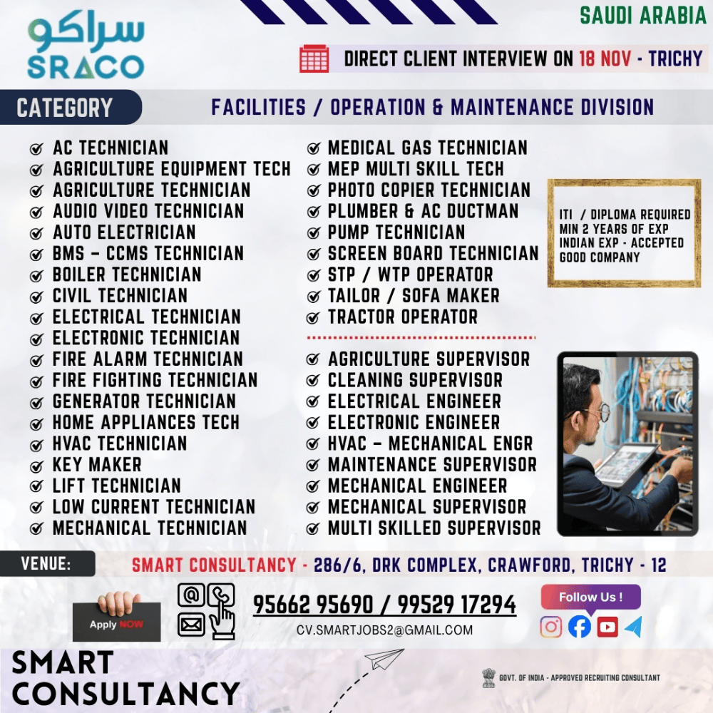 WANTED FOR A LEADING MAINTENANCE COMPANY | (SAUDI) - DIRECT CLIENT INTERVIEW ON 18th NOVEMBER - TRICHY