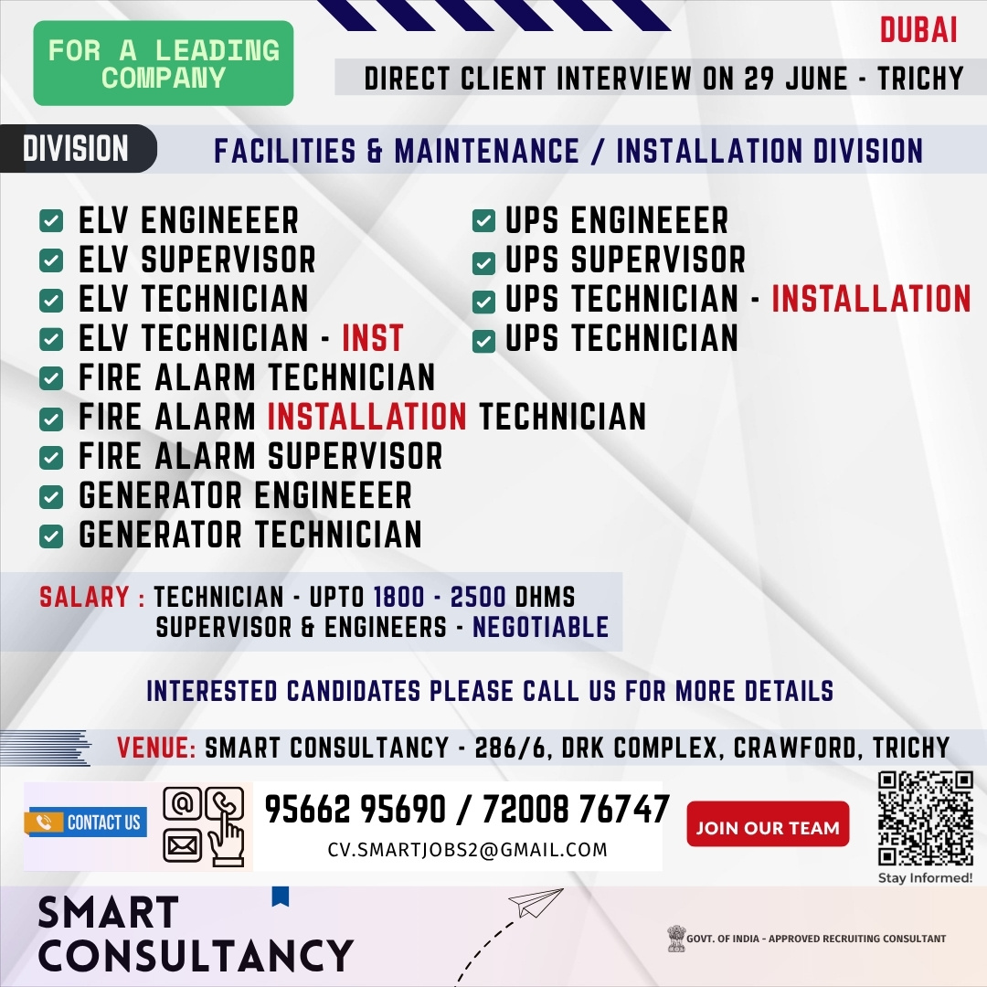 WANTED FOR A LEADING MAINTENANCE & INSTALLATION COMPANY - DIRECT CLIENT INTERVIEW ON 29 JUNE - TRICHY 