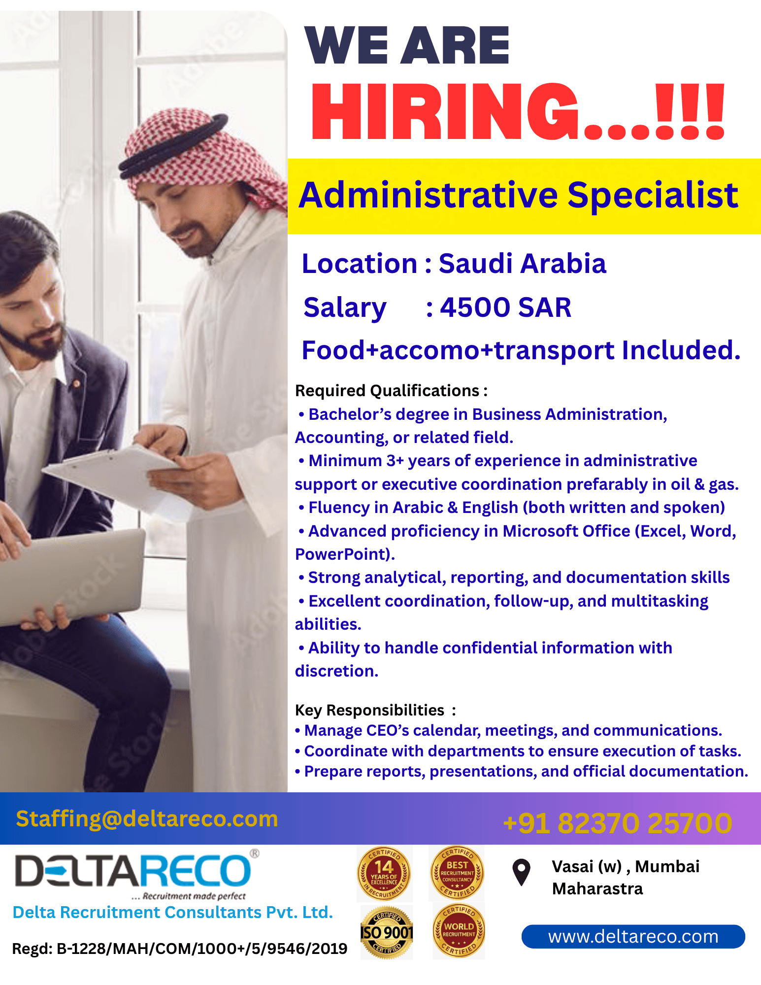 Hiring  Administrative Specialist for Saudi Arabia