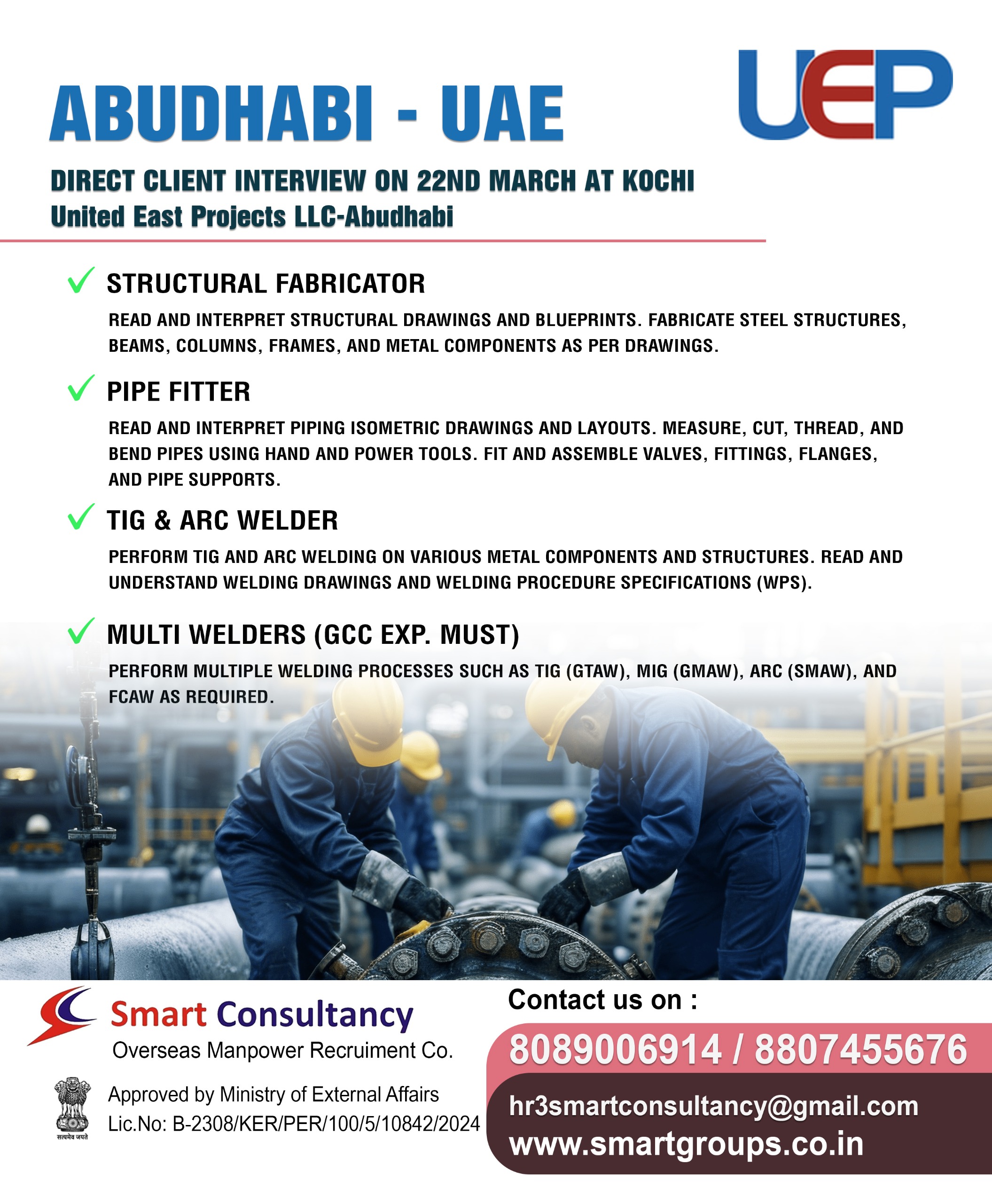 WE ARE HIRING FOR UNITED EAST PROJECTS LLC - ABUDHABI, DIRECT CLIENT INTERVIEW ON 22ND MAR AT KOCHI