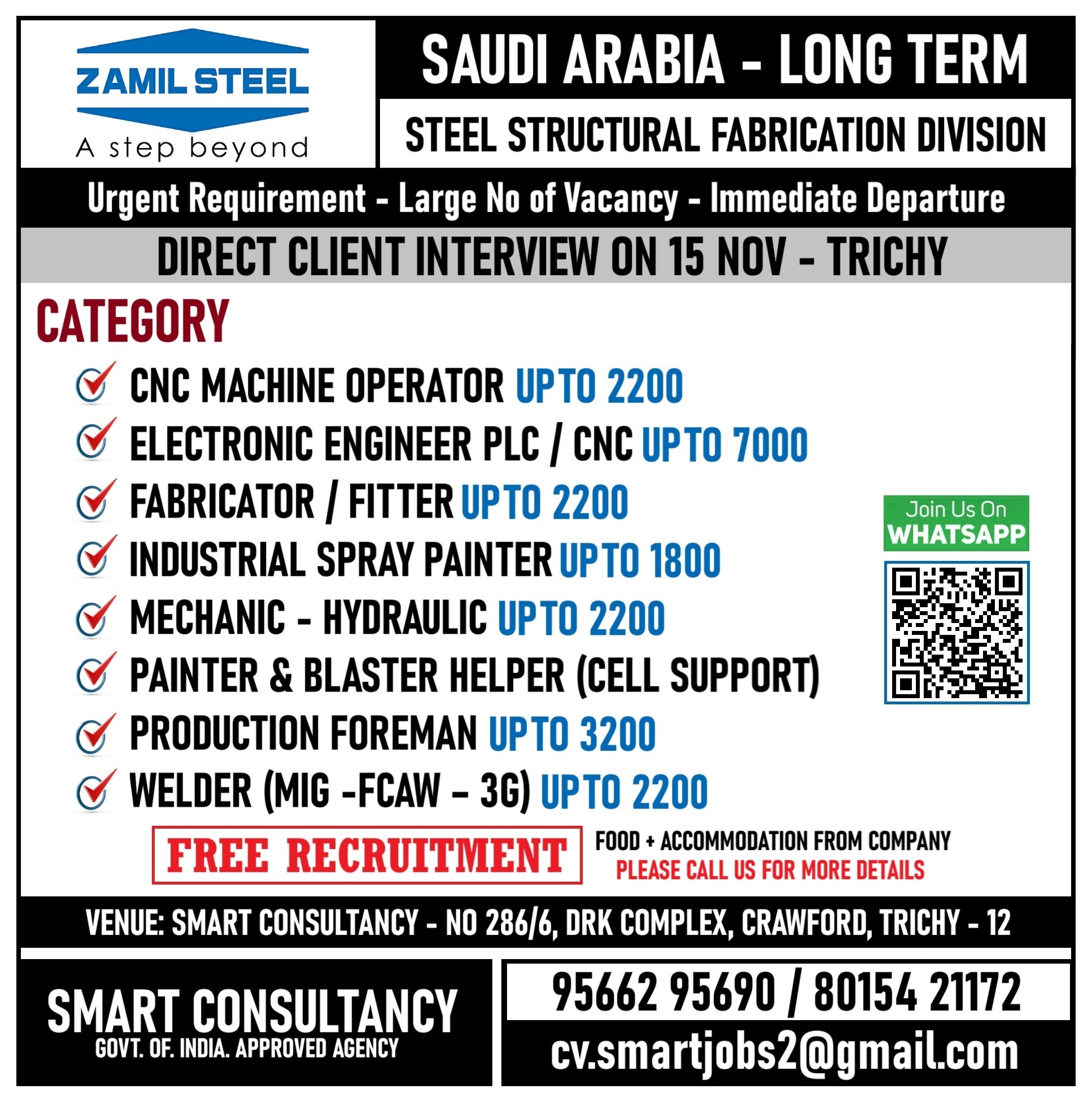 WANTED FOR A LEADING STEEL STRUCTURAL FABRICATION COMPANY - SAUDI / DIRECT CLIENT INTERVIEW ON 15 NOV - TRICHY