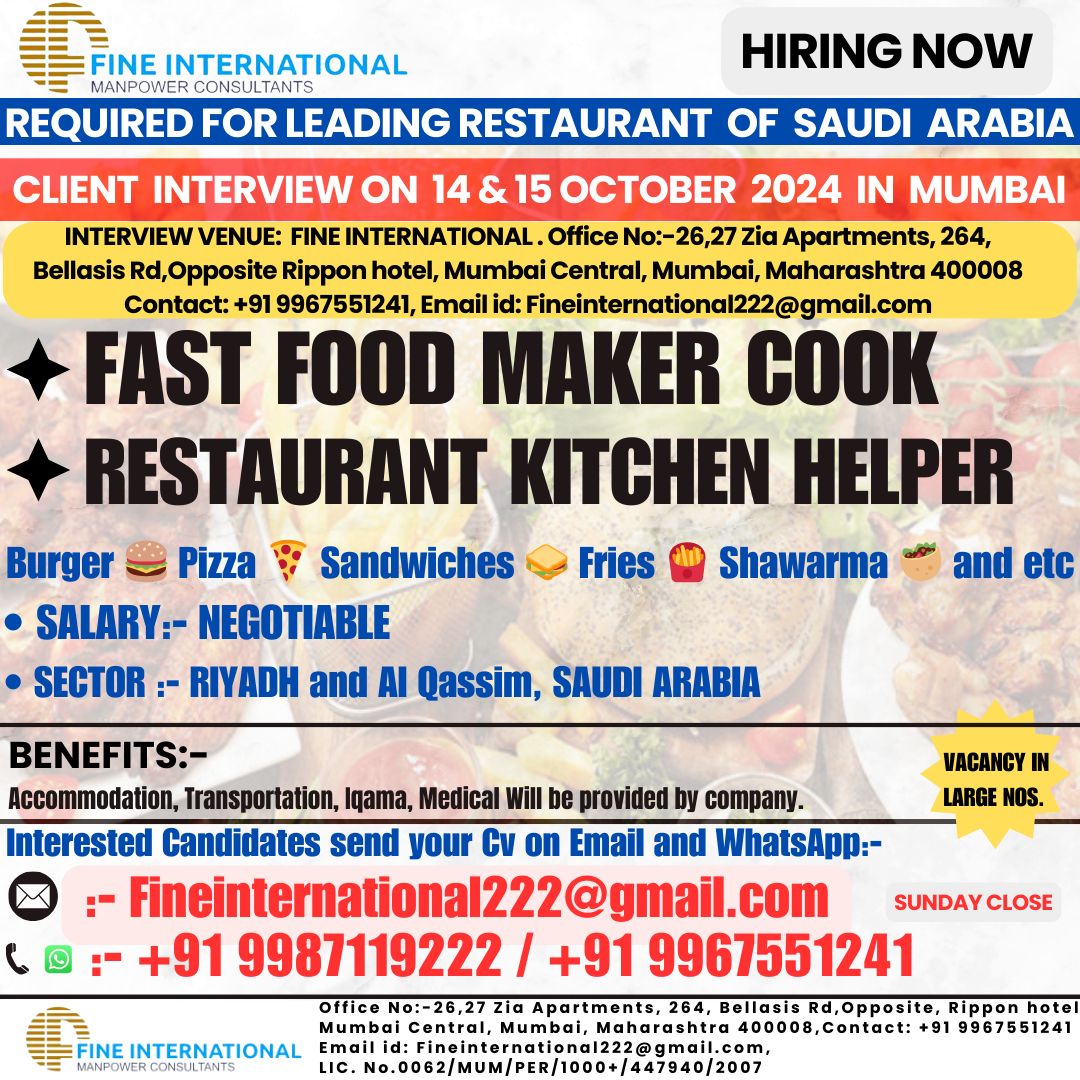 Hiring for Restaurant Fast Food Maker for Saudi Arabia
