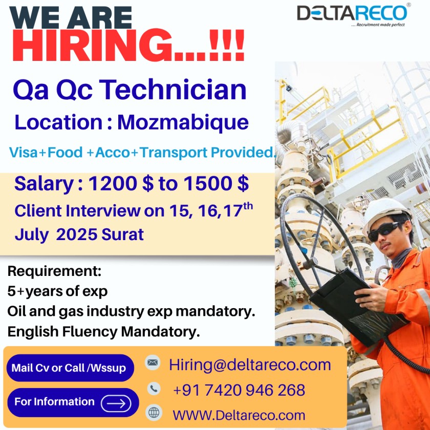 Hiring Qa QC Technician For Mozambique Interview In Surat