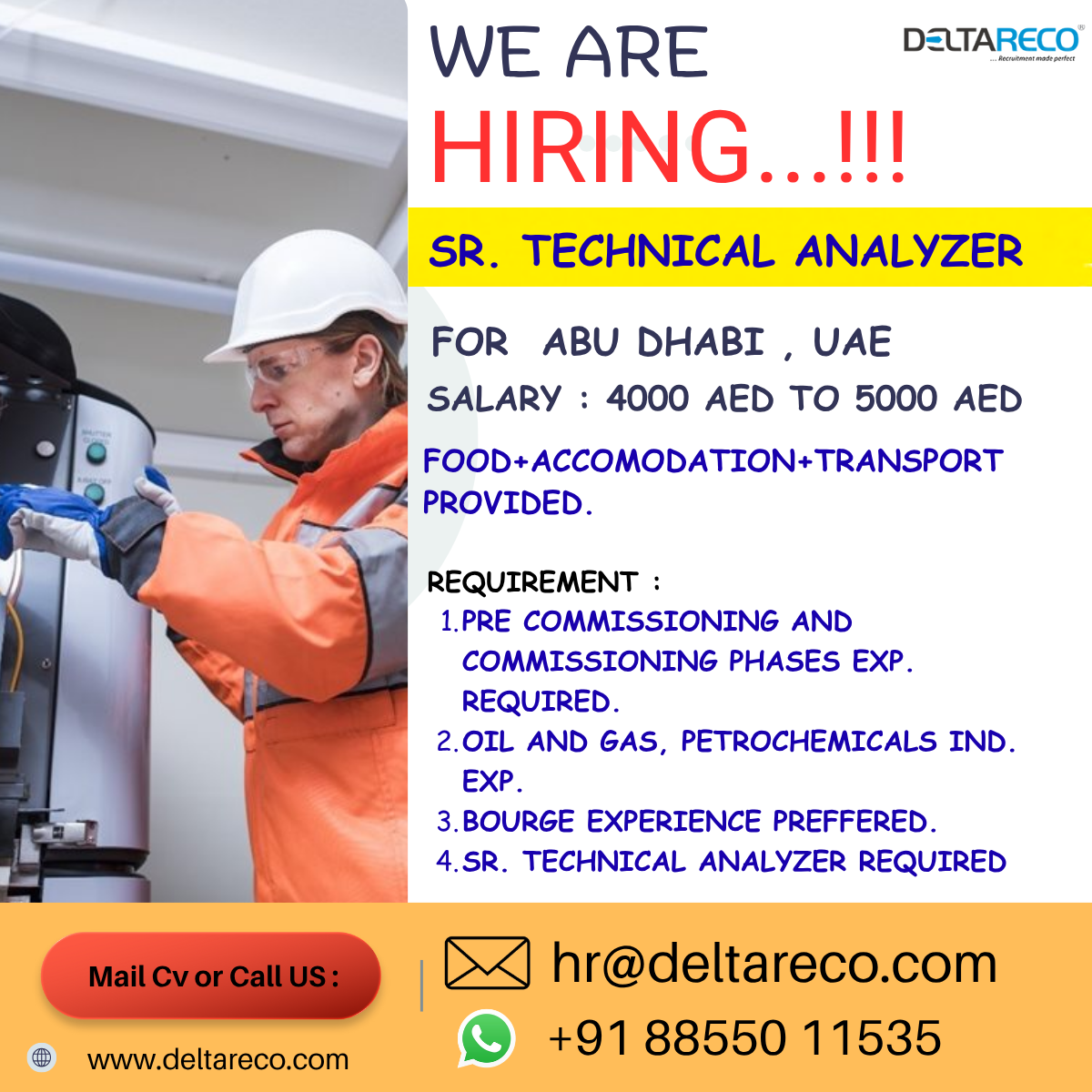 Hiring Analyser technician for Abu Dhabi UAE
